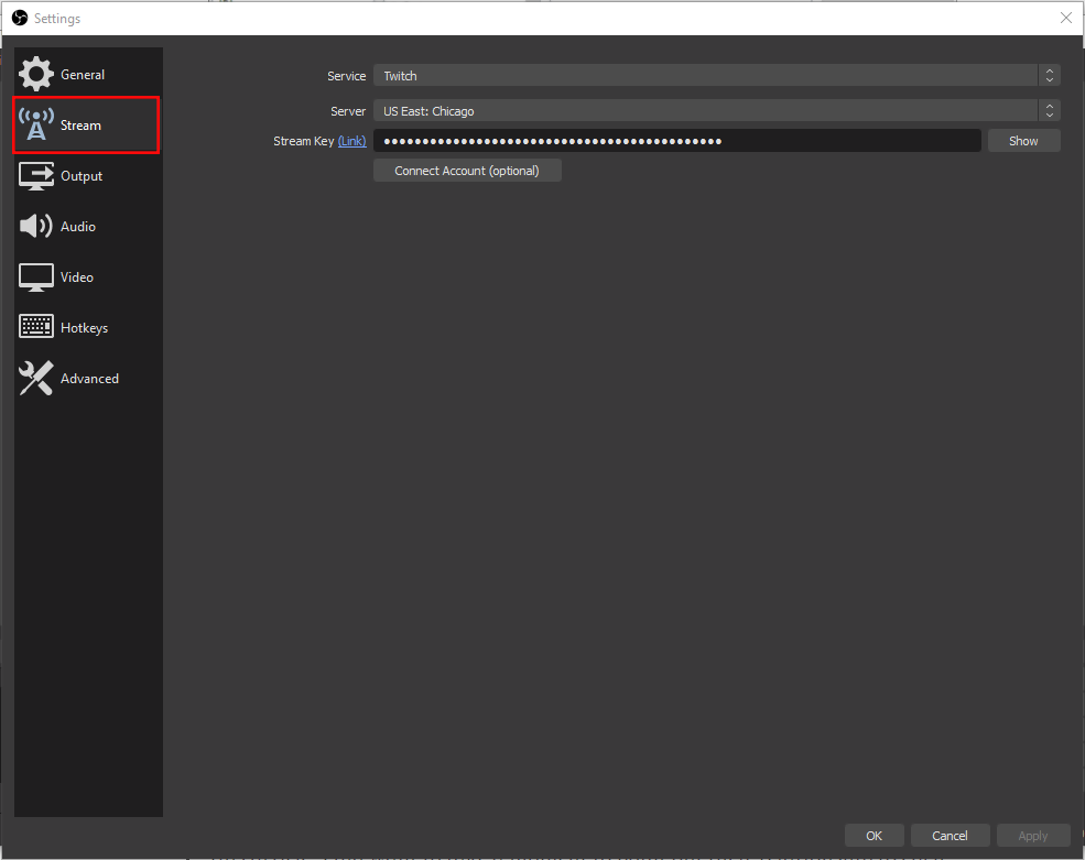 how to connect obs to twitch to stream